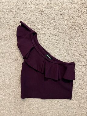 Express One-Shoulder Ruffle Crop Top - Plum